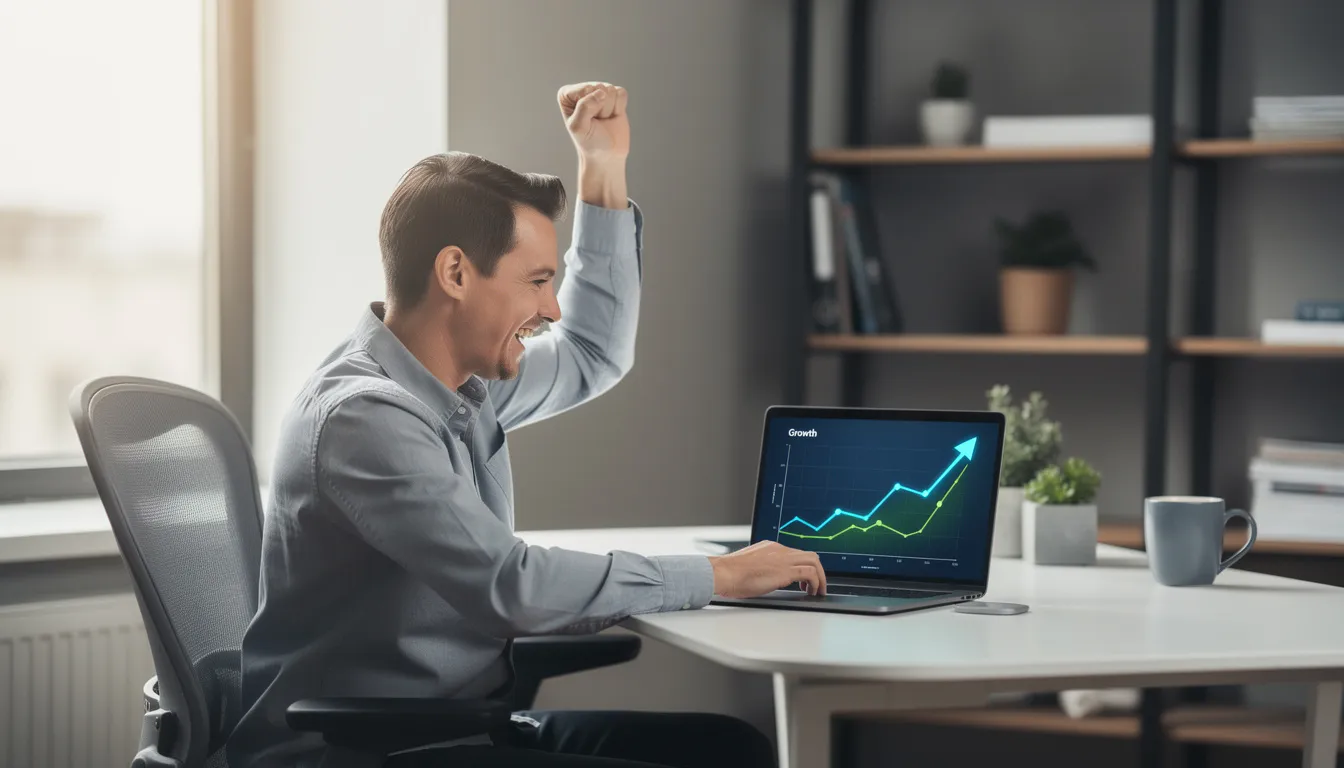 A person is joyfully celebrating at their desk, with a laptop displaying an upward trending graph, symbolizing success. The scene captures the excitement of achievement, reminiscent of popular meme generator themes.