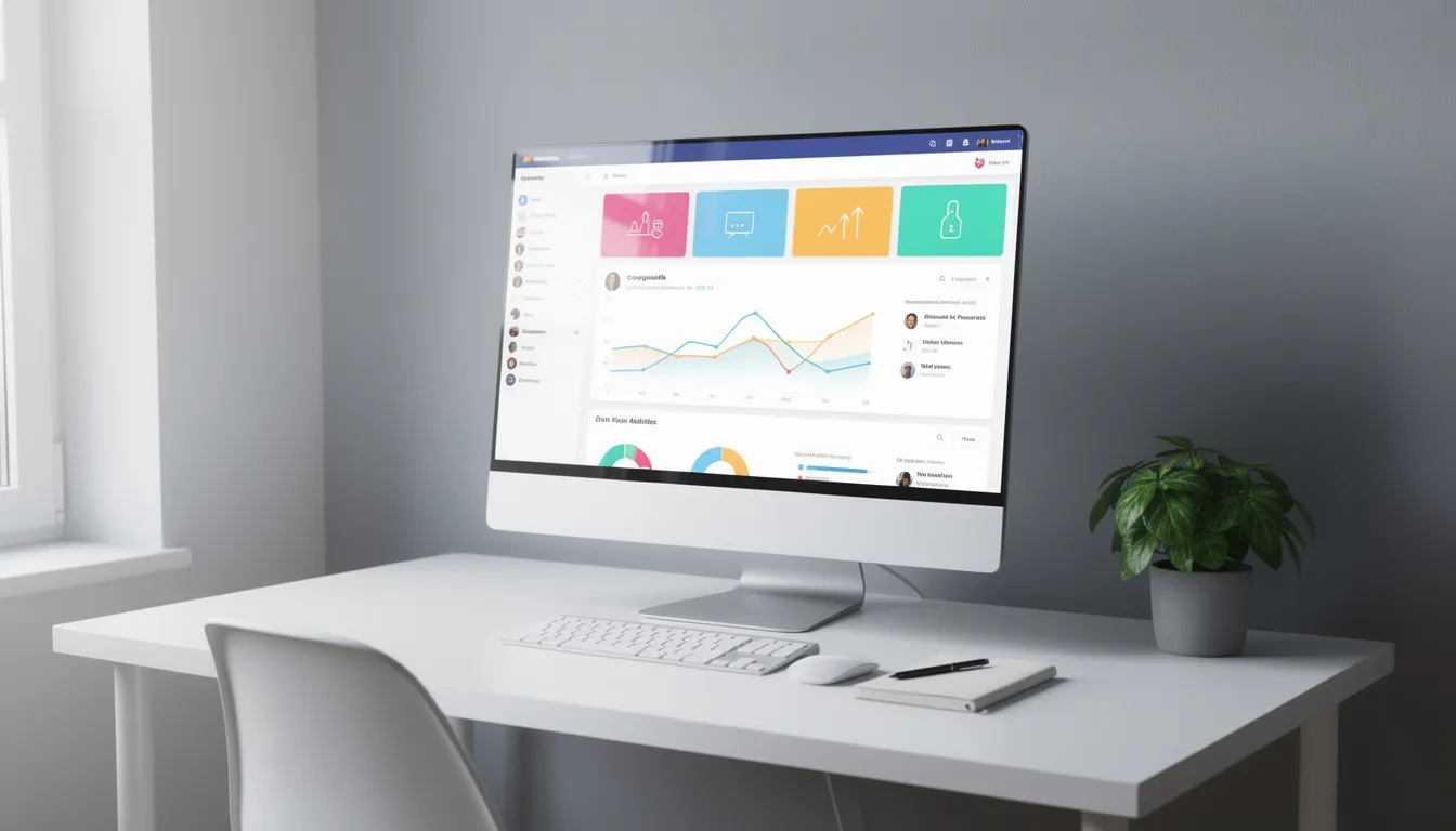 The image features a clean, modern desk with a computer displaying a social media dashboard, showcasing a variety of metrics and insights for managing a Twitter account. This setup suggests a focus on optimizing engagement and generating high-quality tweets using AI technology and machine learning algorithms for effective content creation.
