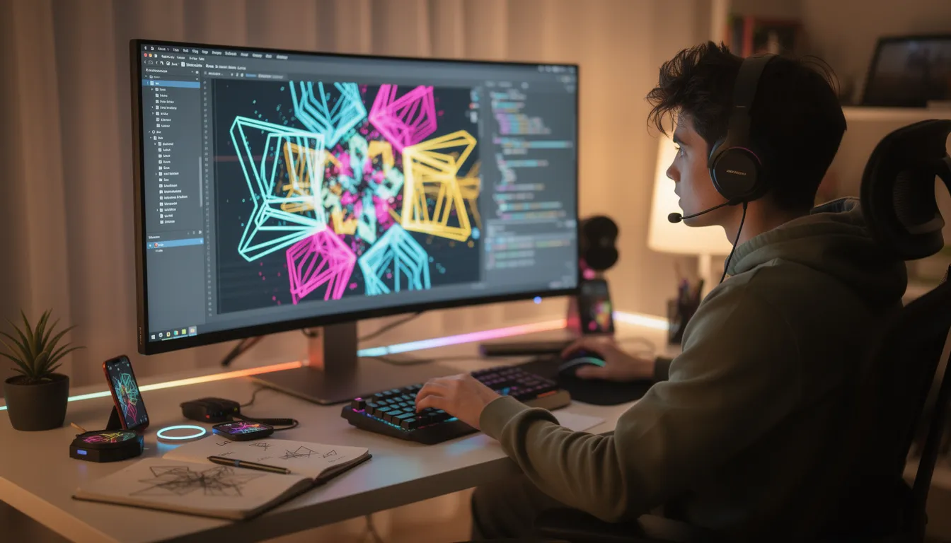 A young person is focused on a creative coding project at their computer, surrounded by colorful graphics on the screen, showcasing animations and designs. This engaging scene reflects the vibrant community of Scratch, where users can share their projects and connect with friends to gain more followers.