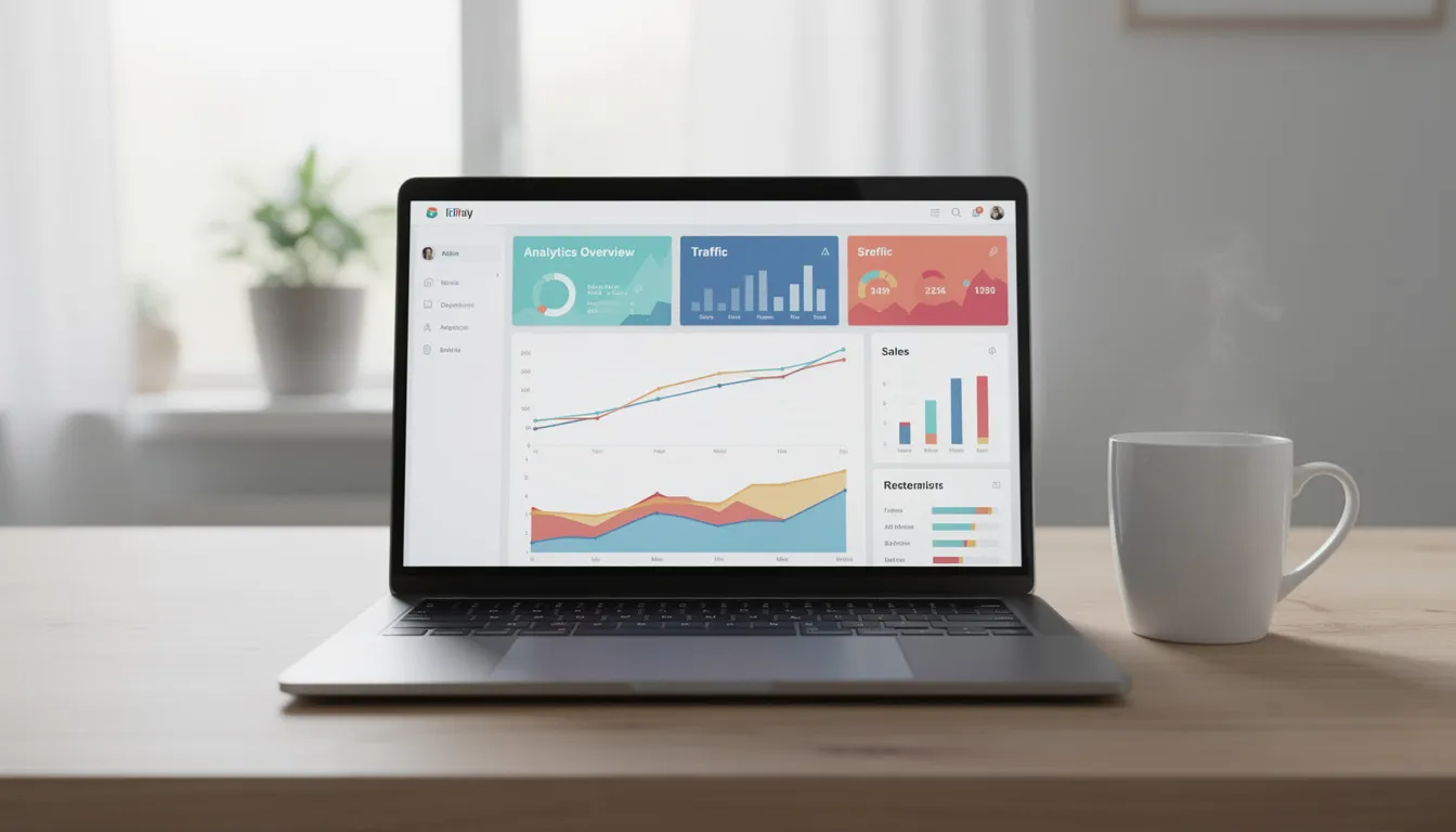 A laptop sits on a desk displaying an analytics dashboard, while a coffee mug rests nearby, creating a cozy workspace atmosphere. This setup is ideal for monitoring key metrics and enhancing digital marketing strategies on social media platforms.