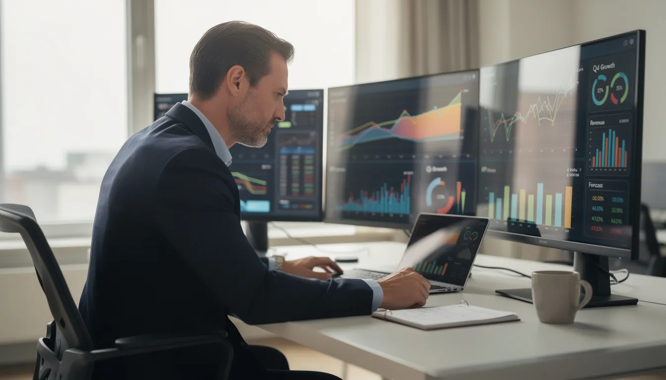 A business professional is intently analyzing data charts displayed on multiple monitors, showcasing advanced metrics and insights that could inform strategic decisions. The setup reflects a modern foundation for data-driven research projects, emphasizing the importance of tools and resources for effective analysis in today's competitive business environment.