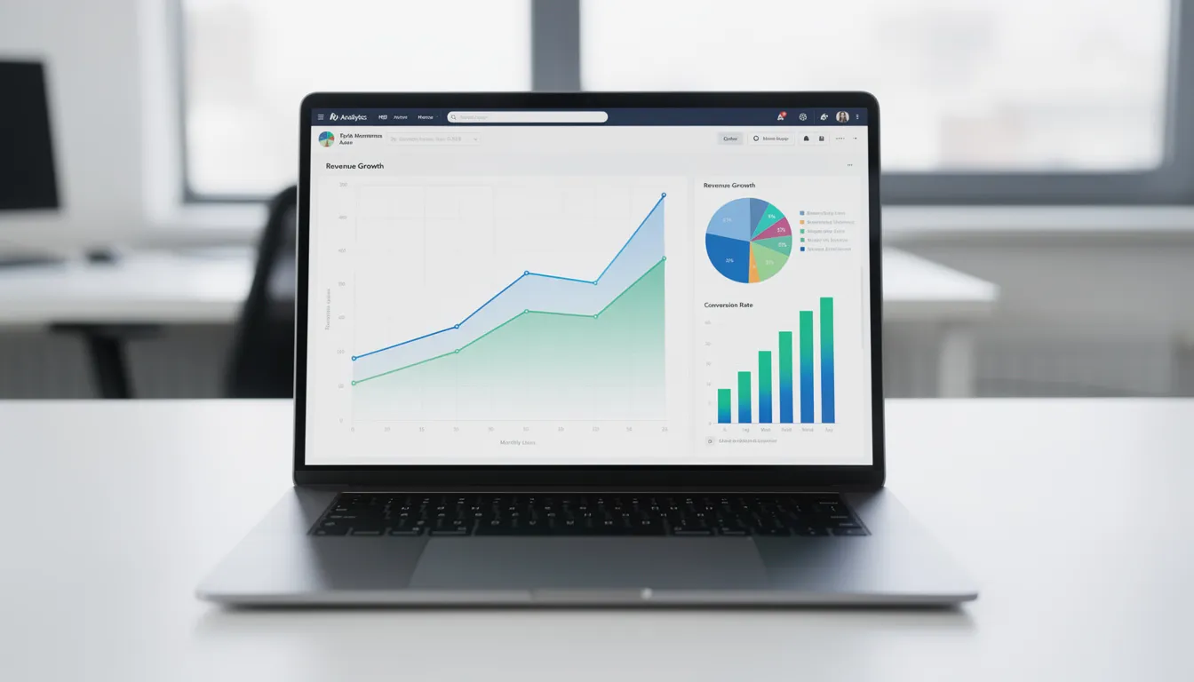 The image features a laptop screen displaying an analytics dashboard with various growth charts, highlighting key metrics such as follower count and engagement trends for social media accounts like Twitter and Instagram. This visual representation emphasizes the importance of organic growth and maintaining account credibility in the competitive landscape of social media platforms.