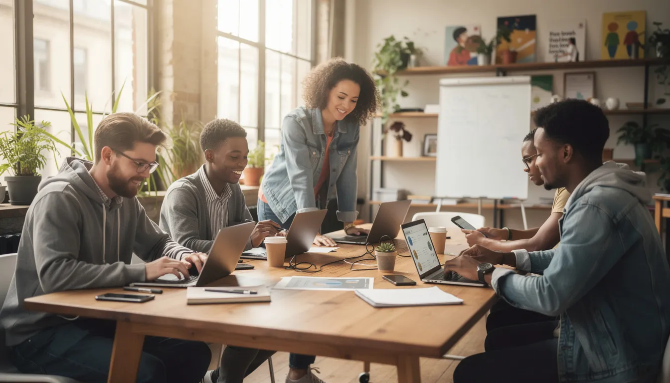 A group of diverse young people collaborates in a creative space, focused on their laptops and tablets as they share ideas and work on various projects. This friendly environment encourages them to explore their skills and create fun content, fostering a sense of community among aspiring Scratch users looking to gain more followers and enhance their online presence.
