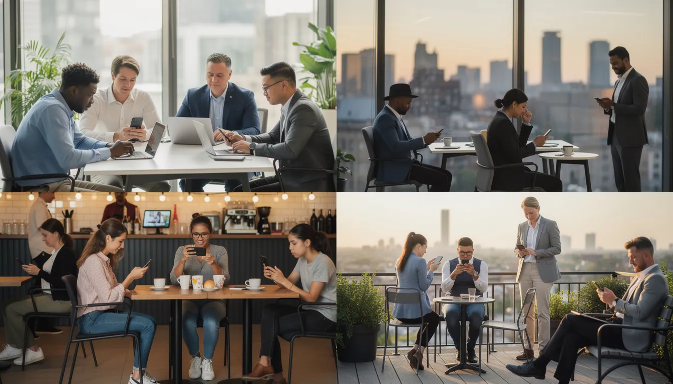 The image depicts a diverse group of people engaged with their smartphones in various settings, including offices and cafes, showcasing how users interact with social media platforms. This scene highlights the importance of fostering engagement and understanding the target audience for effective social media strategies.