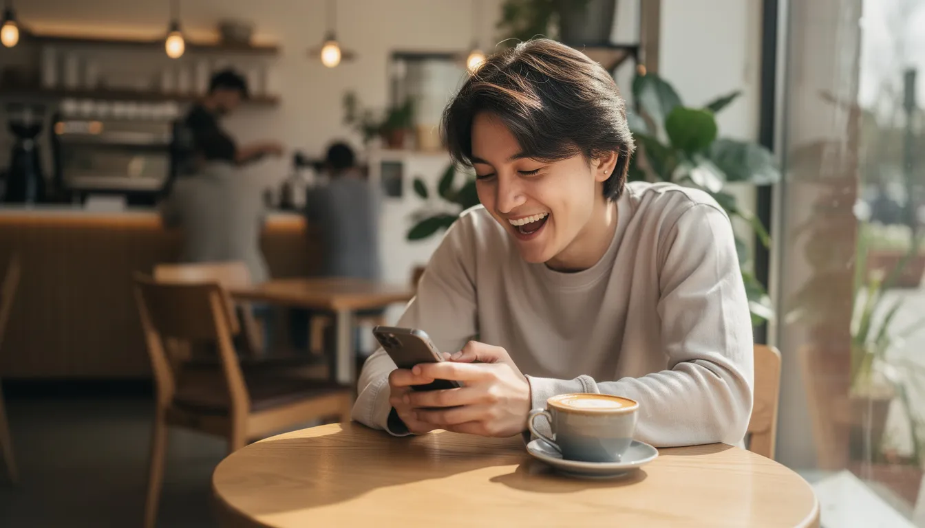 A person is sitting in a coffee shop, laughing heartily at their smartphone, possibly enjoying funny tweets or amusing messages from friends. The joyful moment captures the light-hearted side of life, where laughter fills the air, making it a perfect day to share and connect with the world.