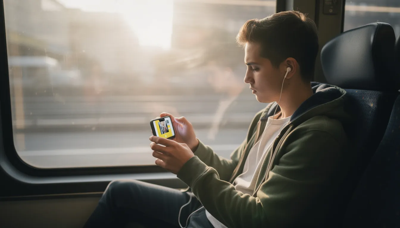 A person is sitting on public transport, focused on their smartphone, where they are watching video content, possibly engaging with video ads or image ads as part of their commute. The scene reflects how mobile devices are used for consuming video clips and ad campaigns during travel.
