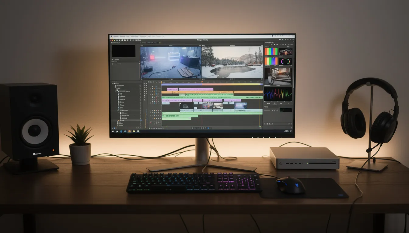 The image shows a desktop computer workspace featuring video editing software open on the screen, highlighting various video clips and ad formats for video ads. The setup suggests a focus on creating dynamic video content for ad campaigns, possibly including pre-roll ads and video carousel ads.