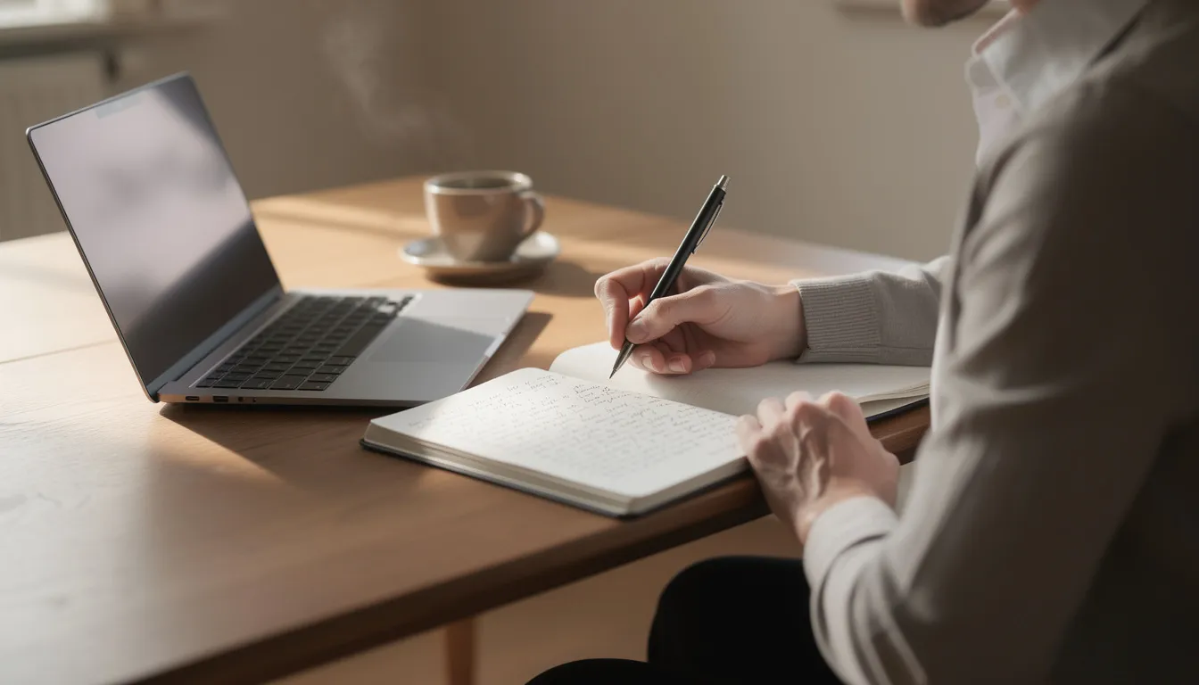 A person is seated at a desk, focused on writing notes while a laptop and a coffee cup sit nearby, suggesting a productive work environment. This scene captures the essence of creativity and organization, perfect for someone looking to generate ideas for usernames across various social media platforms.