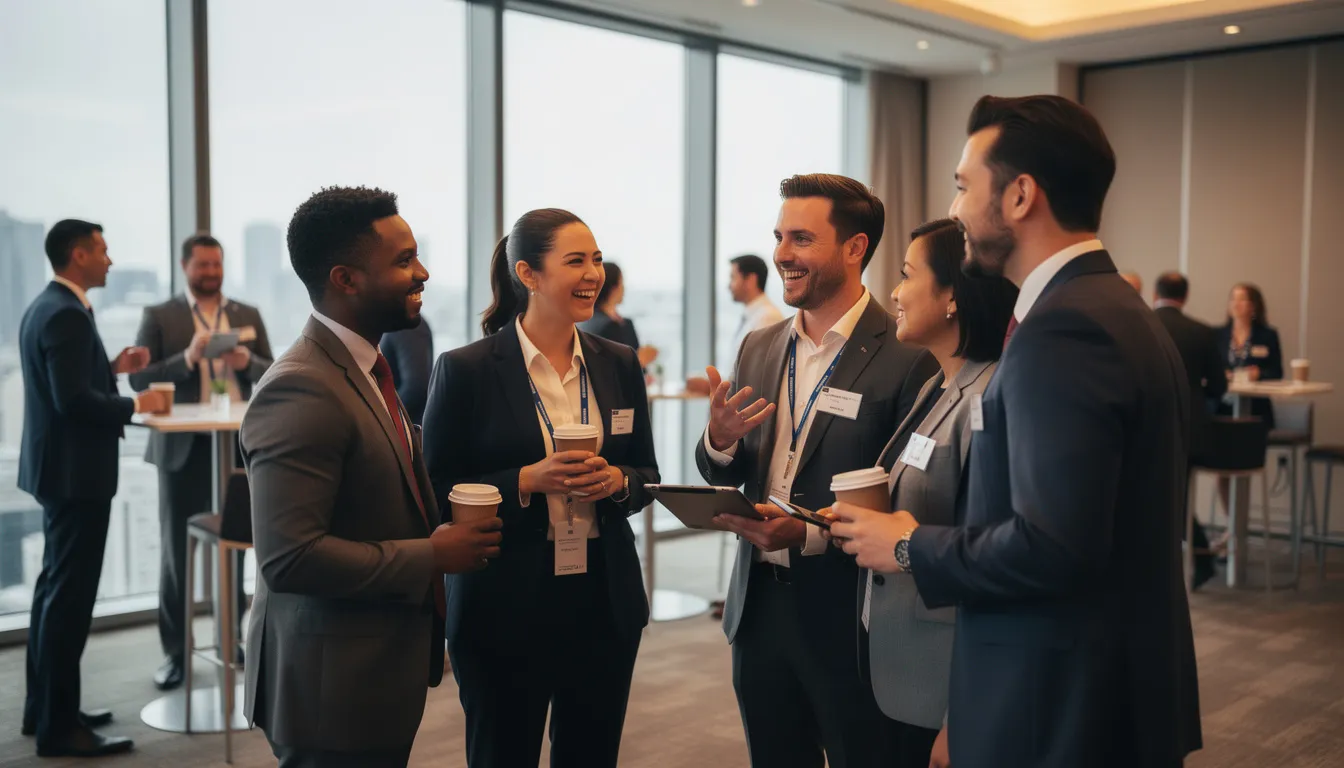 The image depicts a diverse group of business professionals engaged in a lively networking conversation, showcasing various ethnicities and genders. They are gathered in a modern office setting, exchanging ideas and building connections that could enhance their professional profiles and expand their business opportunities.