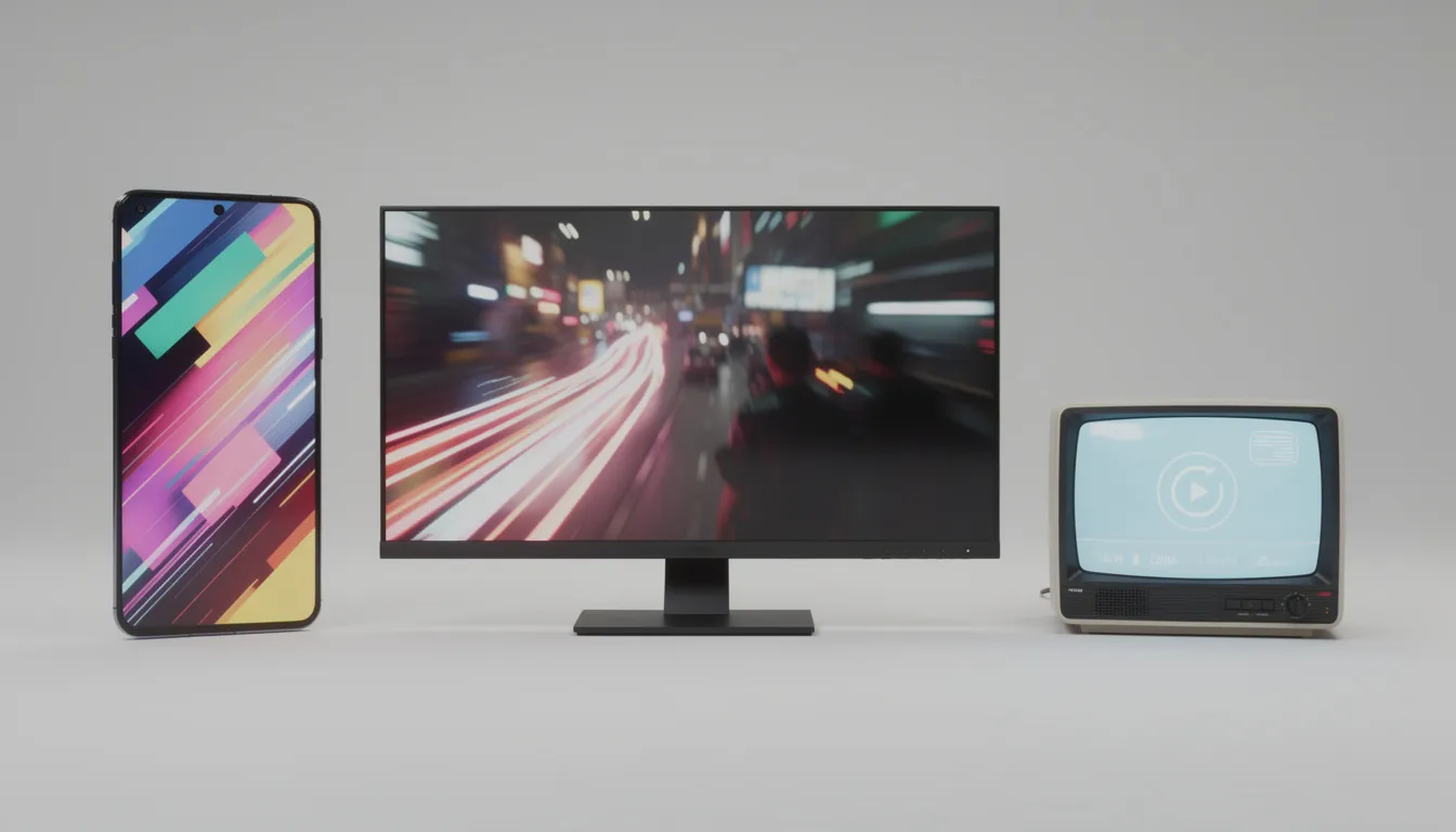 The image features three video screens displayed side by side, each showcasing different aspect ratios, highlighting various ad formats such as video ads and image ads. This arrangement illustrates the diversity in video content and can be useful for ad campaigns targeting optimal performance across platforms.