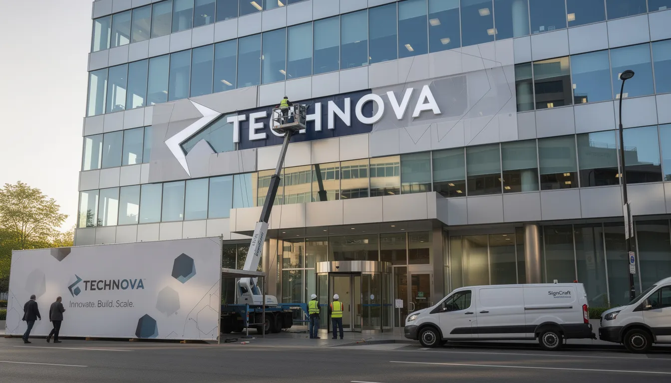 The image shows a modern office building with sleek glass facades, where workers are updating the signage of a tech company. This scene reflects the dynamic nature of the global community, as companies adapt to constant change and engage with trending topics in the digital space.