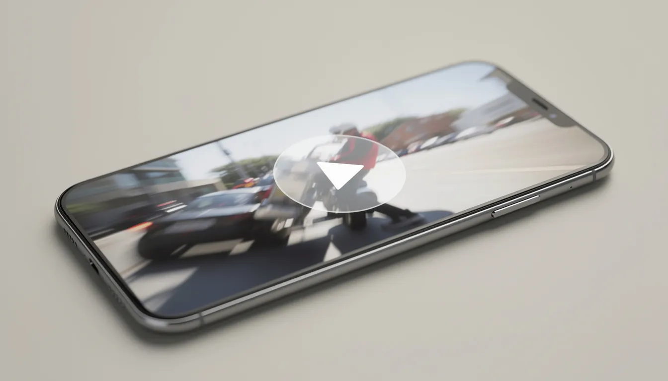 A smartphone screen displays a video clip with a prominent play button overlay, suggesting video content ready for viewing. This setup is commonly used in video ads and ad campaigns to engage users with dynamic media.