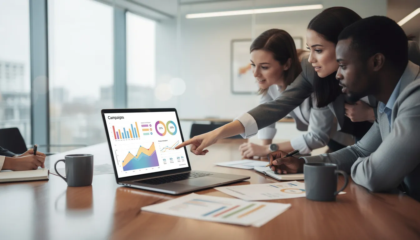 The image depicts a marketing team collaborating around a laptop, analyzing charts and data displayed on the screen, likely focused on strategies to increase their Twitter followers and enhance engagement metrics. The team appears engaged and dynamic, reflecting their commitment to achieving sustainable success in social media marketing.