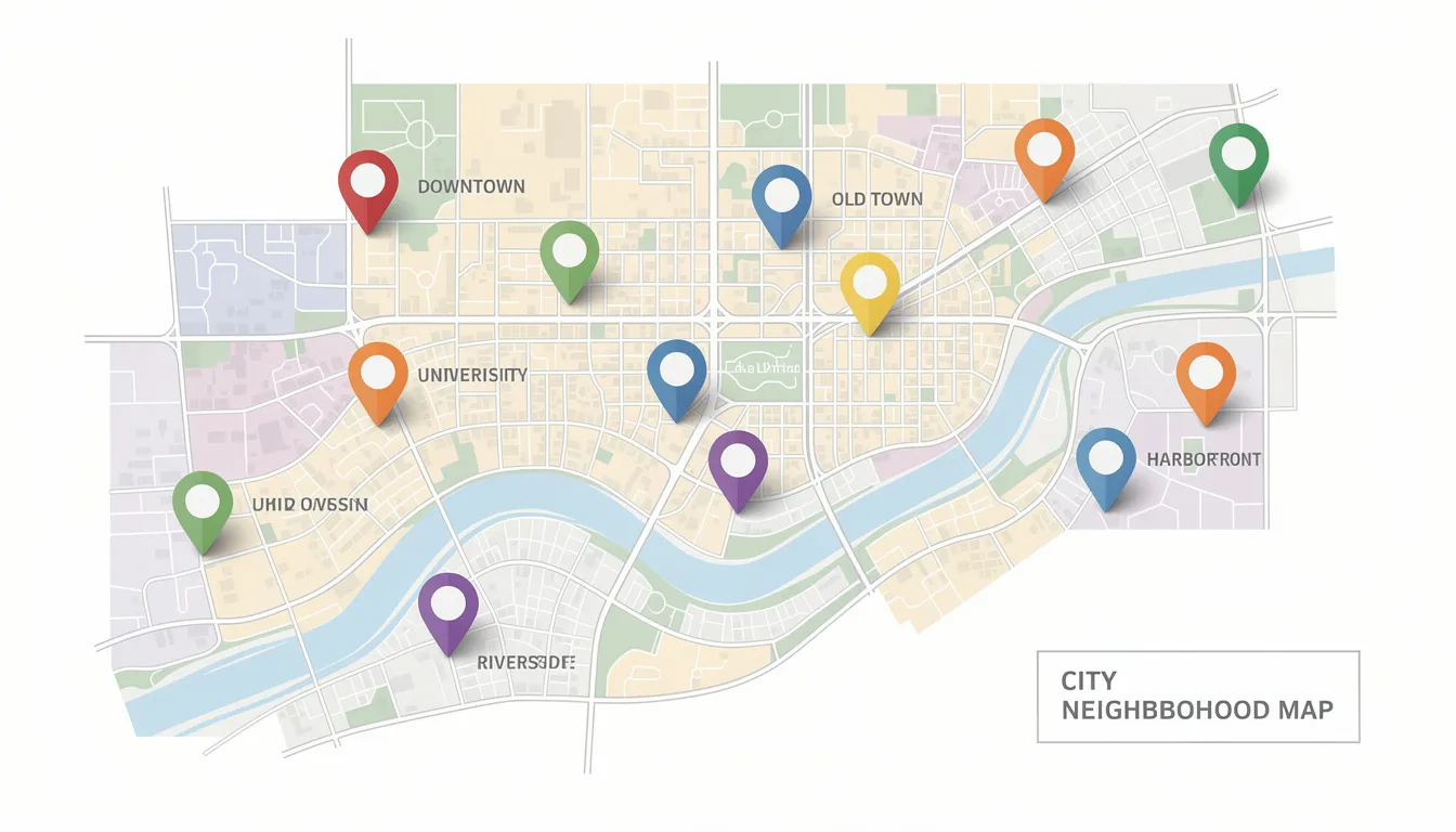 The image depicts a colorful city map featuring various location pins that mark different neighborhoods, providing a visual representation of location information. This map can assist users in exploring neighborhoods and utilizing location-based searches effectively.