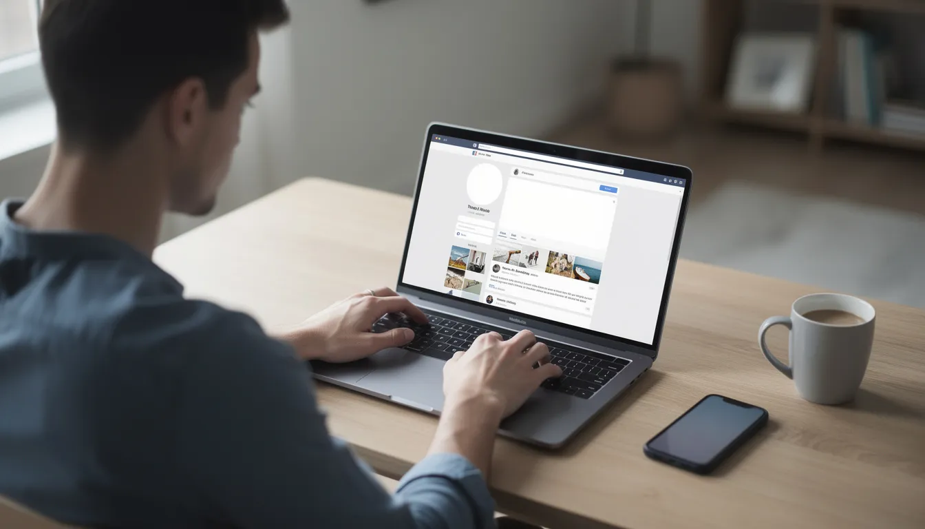 A person is sitting at a desk, focused on updating their social media profile on a laptop, aiming to enhance their twitter account and attract more followers. The screen displays various options for improving engagement metrics and follower count, indicating a commitment to organic growth and meaningful connections on social media platforms.