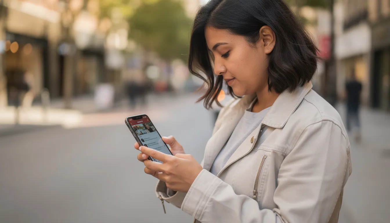 A person is sitting outdoors, using a mobile device to access social media, likely in the process of creating a new Twitter account or entering information for their profile. The scene captures the essence of connecting with others through direct messages and sharing content in a public space.