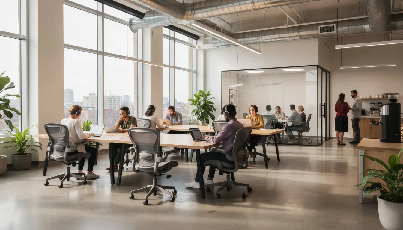 The image depicts a modern coworking space bustling with individuals working on laptops at shared tables, fostering a collaborative environment. Natural light floods the room, highlighting a variety of users engaged in their tasks, creating a vibrant atmosphere ideal for productivity and networking.