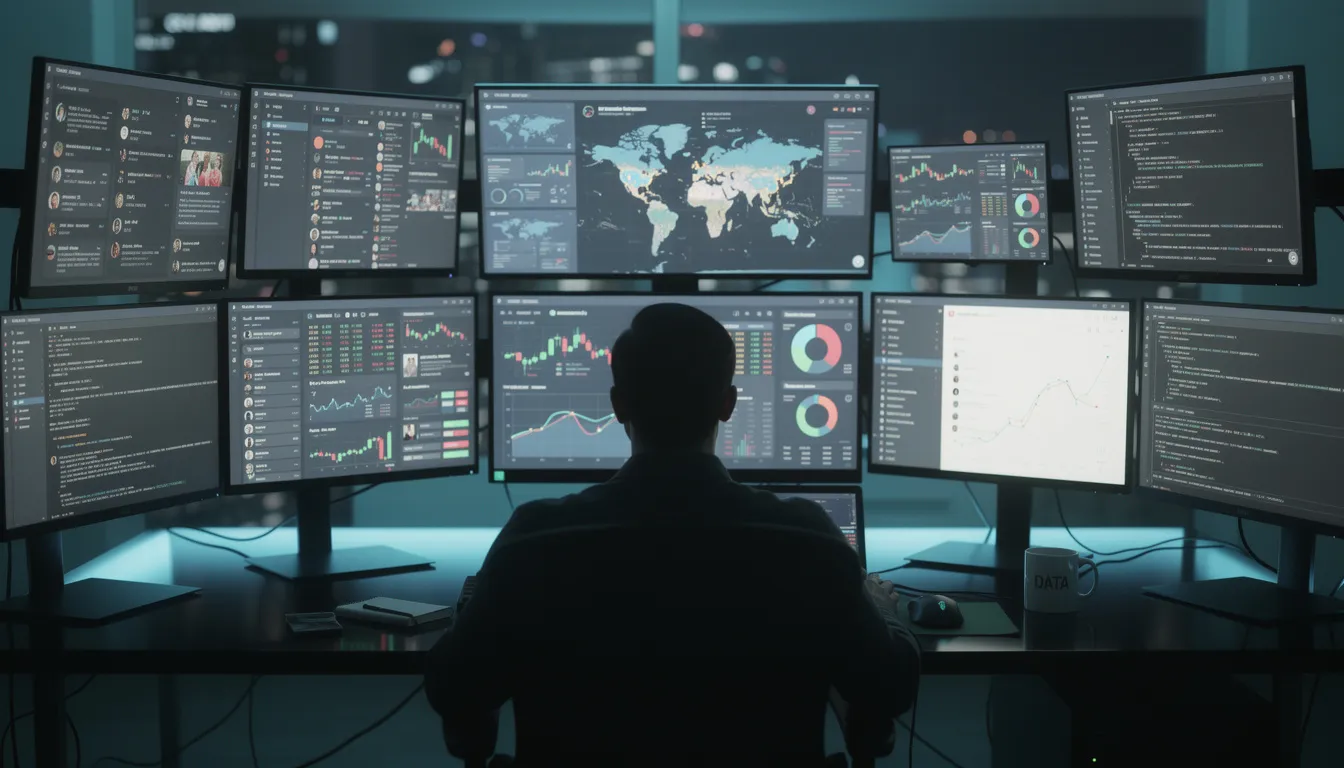 A person is intently observing multiple screens displaying various digital platforms, including live breaking news and trending topics, showcasing the world's leading voices in political conversations and sports news. This setup highlights the importance of user engagement and the dynamic nature of social media as a trusted digital town square for exploring diverse perspectives.