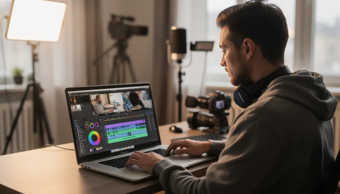 The image shows a content creator focused on their laptop, where video editing software is prominently displayed. This scene reflects the process of crafting engaging content for social media platforms, highlighting the importance of a solid content strategy to connect with their target audience.