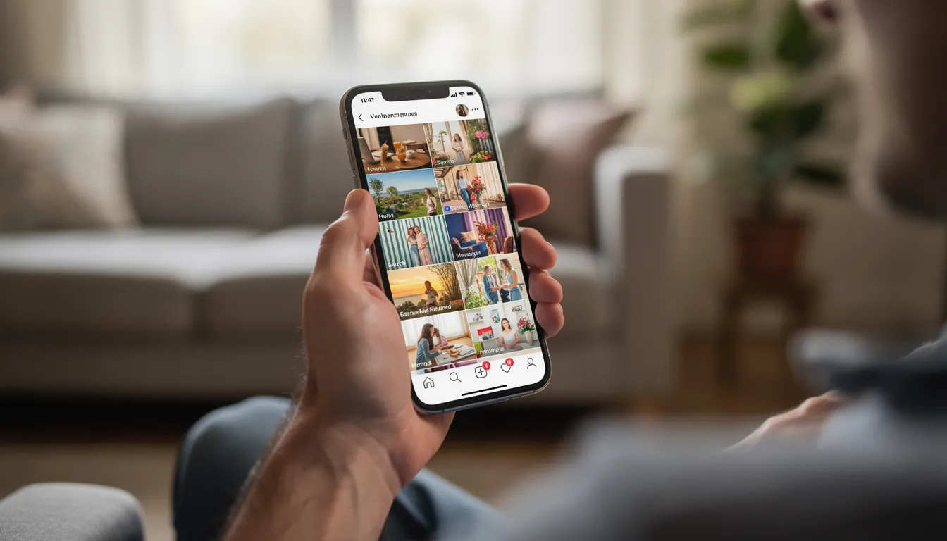A person is scrolling through their social media feed on a smartphone, exploring content and interacting with posts. The screen displays a mix of images and text, with options to create a new account or customize their profile settings.