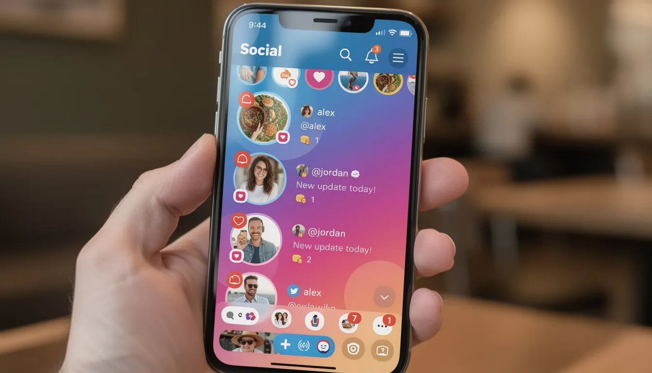The image shows a mobile phone screen displaying a social media app, filled with vibrant notification icons indicating new messages and updates. This app serves as a platform for users to connect and engage, potentially using tools like a username generator to create unique identities across different social media platforms.