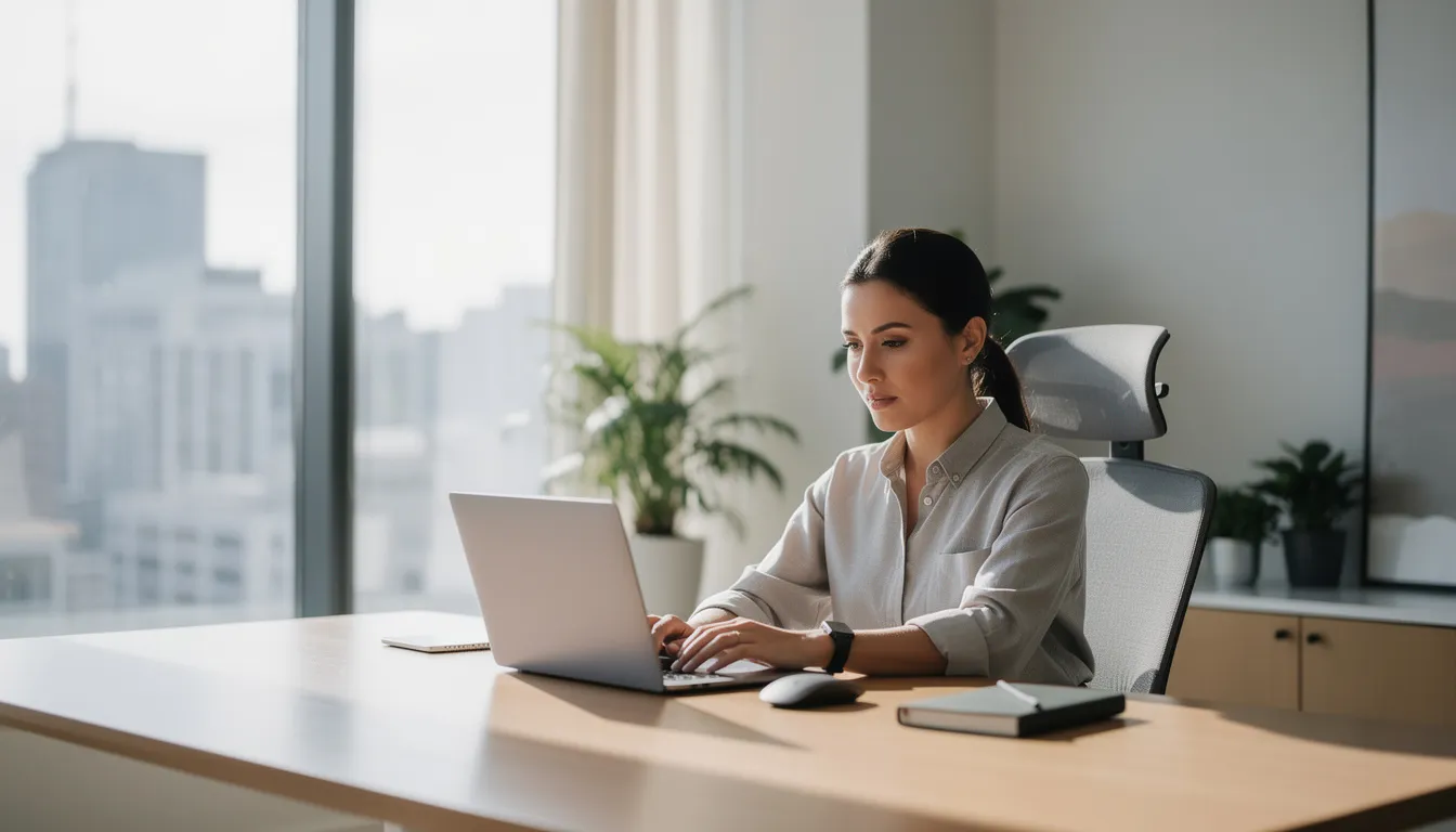 A professional is focused on their laptop in a modern office space, surrounded by sleek furniture and ample natural light. The environment suggests a productive atmosphere, ideal for tasks such as location-based searches or generating relevant tweets on a digital platform.