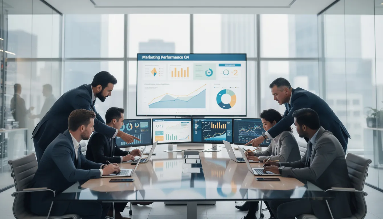 A group of business professionals is gathered around a table, intently analyzing marketing data displayed on multiple computer screens. They are discussing various aspects of ad campaigns, including campaign performance and targeting options for effective Twitter advertising.