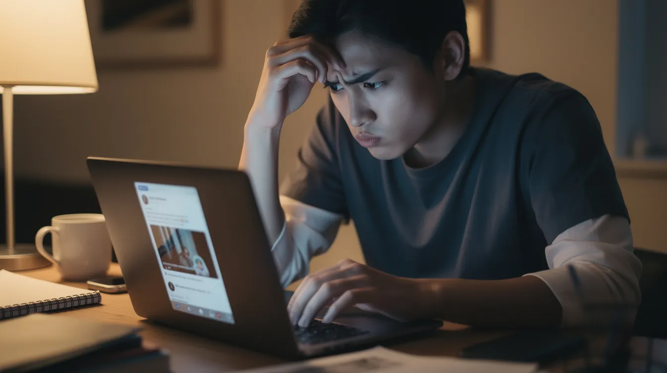 A person sits at a desk, visibly frustrated while scrolling through social media on their laptop, possibly trying to manage their Twitter account and follower list. The scene captures the stress of endless scrolling and the challenge of navigating follower growth and engagement on their profile.