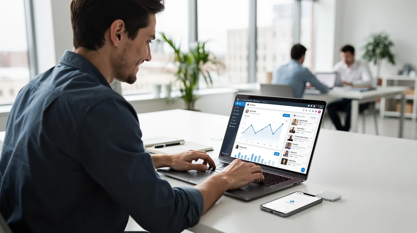 A professional individual is seated at a sleek desk in a modern office, intently setting up a business Twitter account on their laptop, surrounded by various social media platforms. The scene conveys a focus on boosting brand awareness and engaging with potential customers through effective social media strategy.