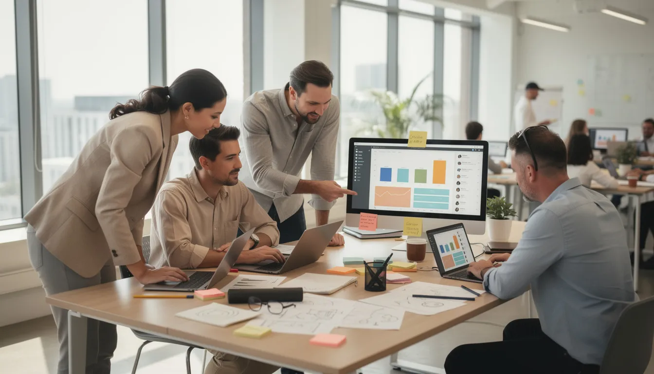 A creative team is collaborating in a modern workspace, brainstorming and developing digital marketing content for ad campaigns, including Twitter ads and video ads. They are focused on achieving specific campaign goals and enhancing engagement with their target audience through tailored audiences and precise targeting strategies.