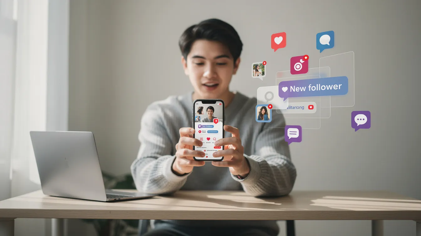 A person is focused on creating content on their smartphone, surrounded by social media notifications indicating engagement on platforms like Twitter and Instagram. This scene highlights the importance of growing a social media presence and connecting with potential followers through great content and active engagement.