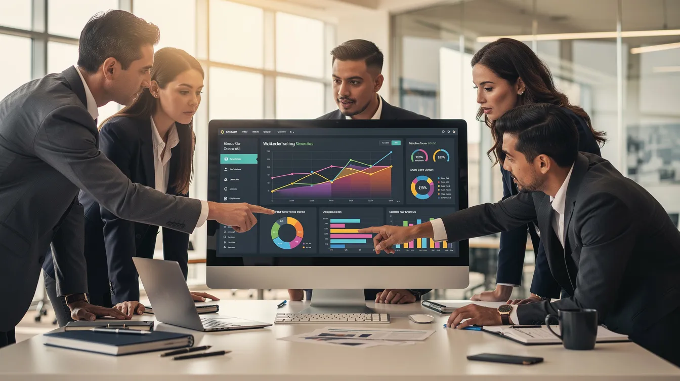 A diverse business team is gathered around a computer, intently reviewing analytics displayed on the screen, which likely includes metrics related to their Twitter account, such as follower growth and engagement statistics. They are discussing key takeaways to enhance their audience research and improve their follower count, showcasing collaboration and strategic planning.