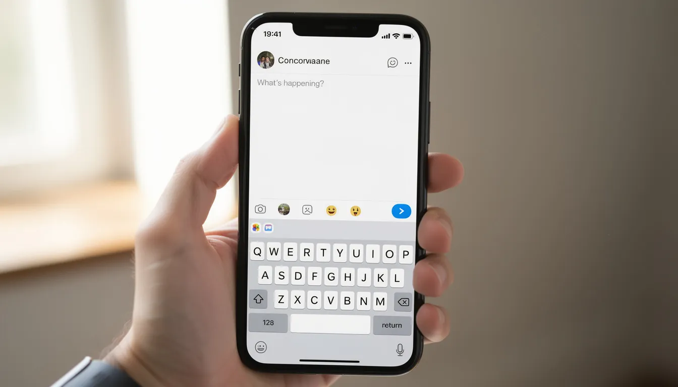A smartphone screen displays a social media compose interface, featuring a keyboard and options to add text, images, and links for a post. The layout includes a follow button and the ability to interact with followers, allowing users to create and share content easily.