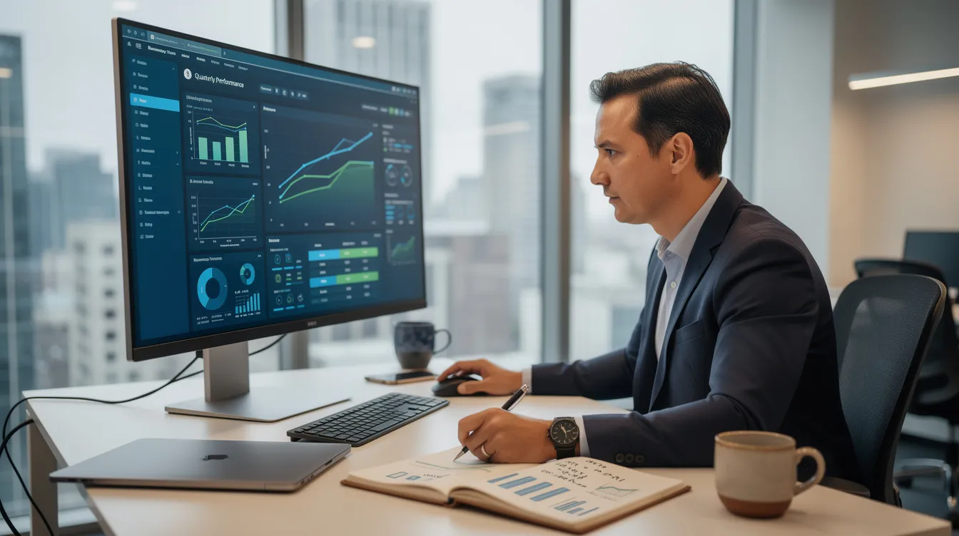 A business professional is focused on analyzing data displayed on a computer screen, likely reviewing insights from their business Twitter account to enhance their social media strategy and boost brand awareness. The screen may show graphs or statistics related to audience demographics and engagement metrics.