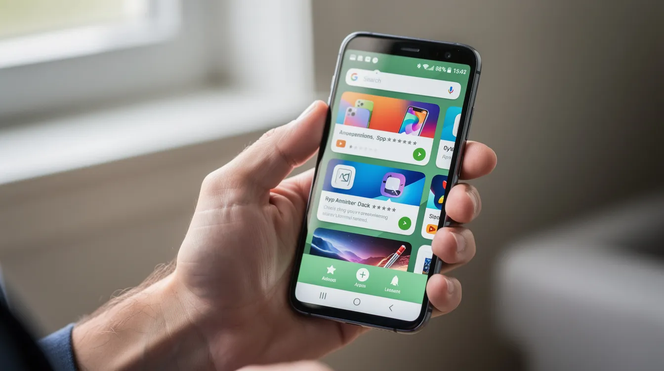 A person is holding an Android smartphone displaying the app store interface, showcasing various applications including social media apps like Twitter. The screen highlights options for downloading Twitter videos and accessing trending news, emphasizing the phone's role in connecting users to live breaking news and global conversations.