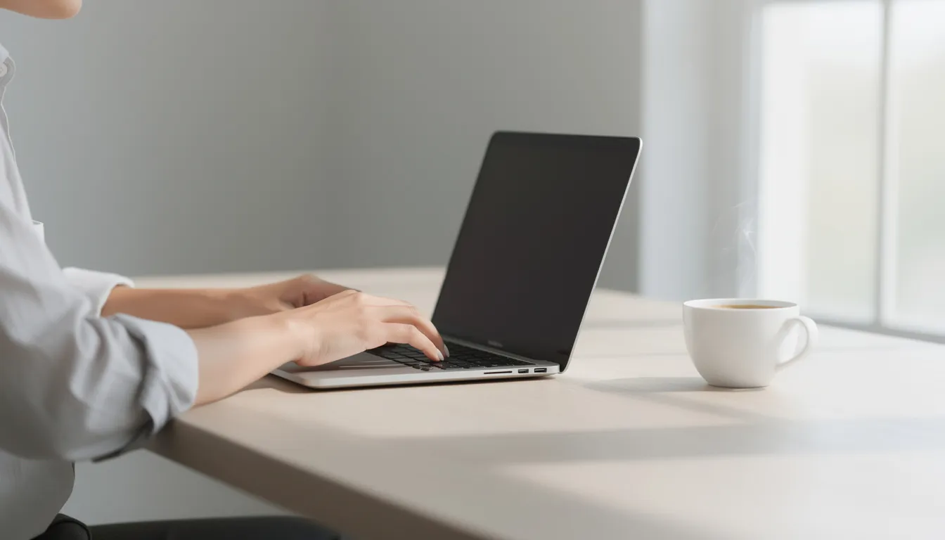 A person is focused on typing on a laptop in a minimalist workspace, with a steaming cup of coffee nearby, creating a moment of productivity that many can relate to. This scene captures the essence of modern life, where work and comfort blend seamlessly, just like the funny tweets we share to lighten our days.