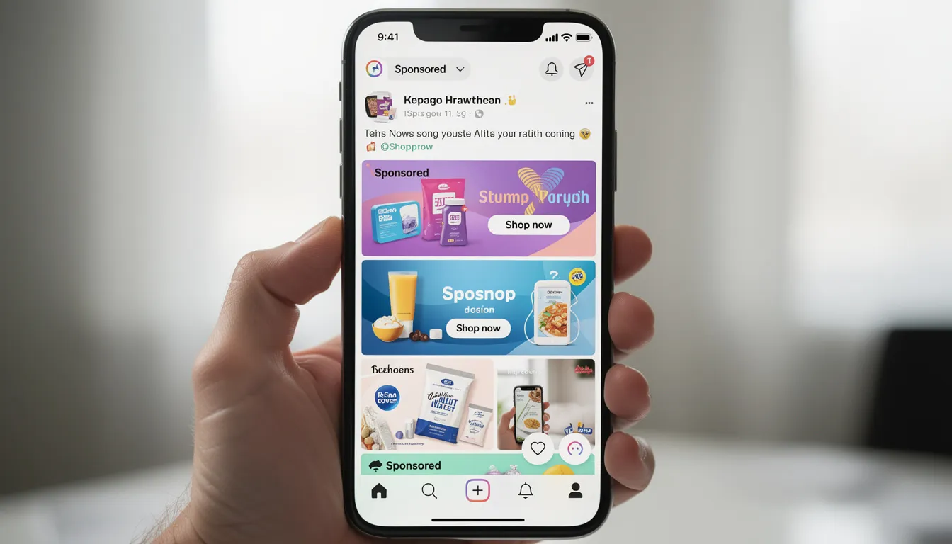 A mobile phone screen displays a social media feed filled with various advertisements, including carousel ads and video ads, showcasing products and services from different brands. This immersive experience highlights campaign goals and ad formats used by advertisers to engage with their target audience and drive traffic to specific landing pages.