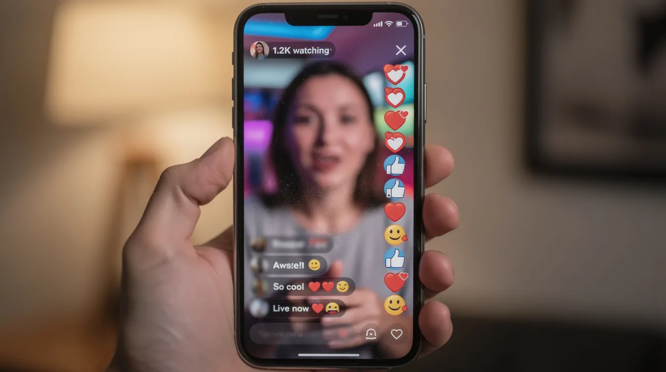 A smartphone displays a live video stream featuring viewer engagement icons, symbolizing a vibrant social media app experience. This scene captures the essence of connecting with the global community, sharing ideas, and exploring diverse perspectives through live breaking news and trending topics.