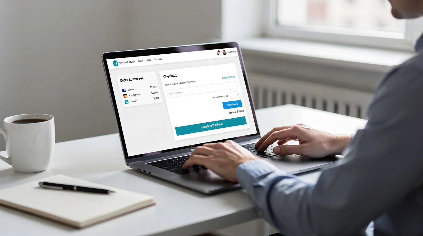 A person is sitting at a desk, focused on their laptop, which displays an e-commerce checkout screen. This scene suggests they may be finalizing a purchase, possibly related to social media growth services like buying Twitter followers or enhancing their social media presence.