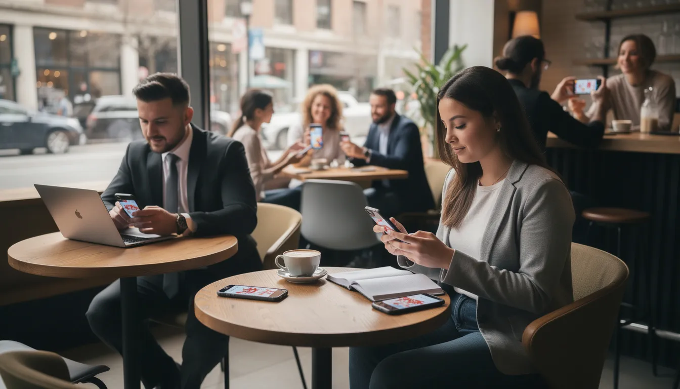 In a bustling coffee shop, several people are focused on their phones, engaging with various post content, including images, videos, and tweets. The atmosphere is lively as they interact with their devices, browsing social media platforms and participating in conversations.