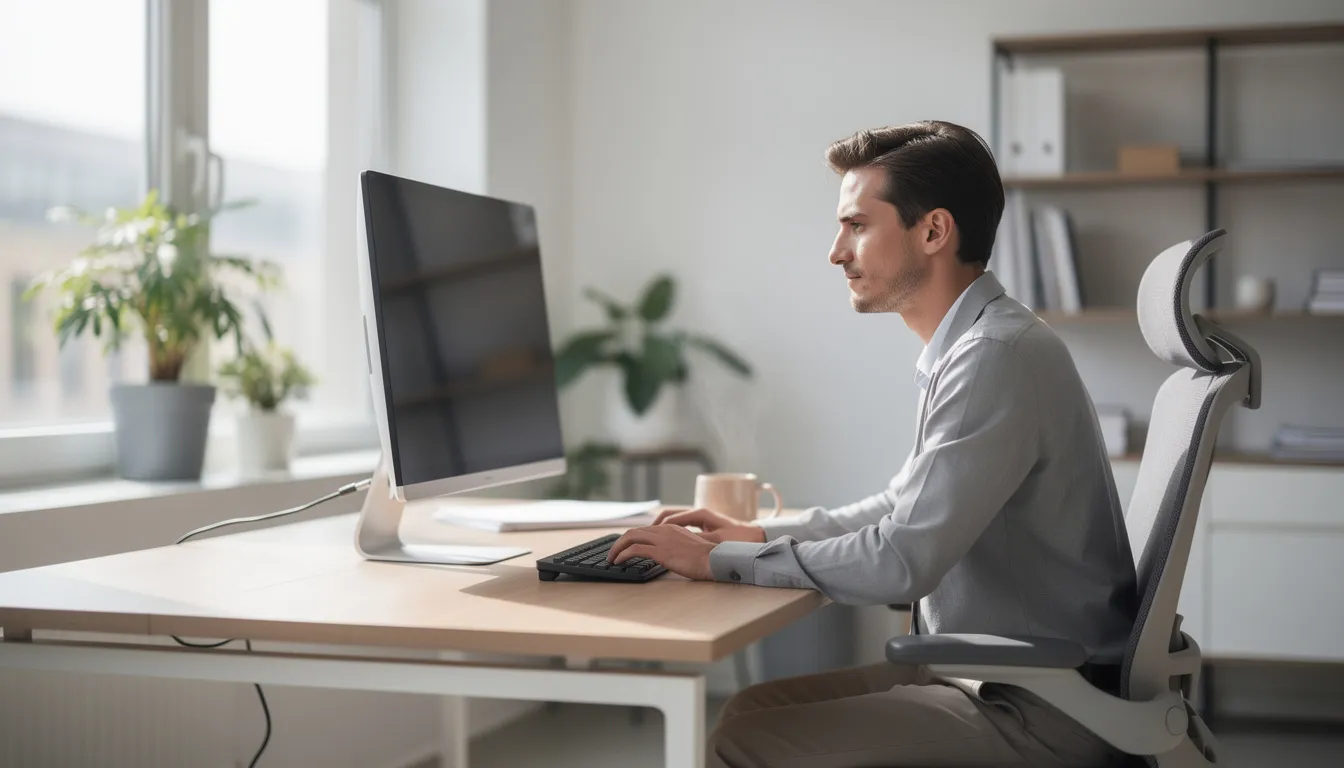 A professional is seated at a modern workspace, focused on their computer while a coffee cup sits nearby. This setup suggests a productive environment where one might be developing strategies for growing their Twitter followers or crafting valuable insights for a blog post.