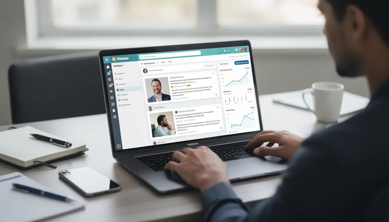 A person is focused on their laptop, working on a social media dashboard that displays various features such as a post content area, follower count, and options to edit or share posts. The screen shows elements typical of platforms like Twitter and Instagram, including media links, mentions, and a follow button.