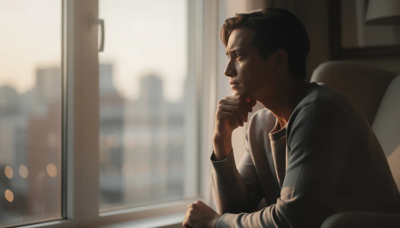 A person sits pensively at a window, lost in thought as they contemplate an important decision in their life. The moment captures a mood of reflection, as if they are weighing the possibilities and contemplating the week ahead.