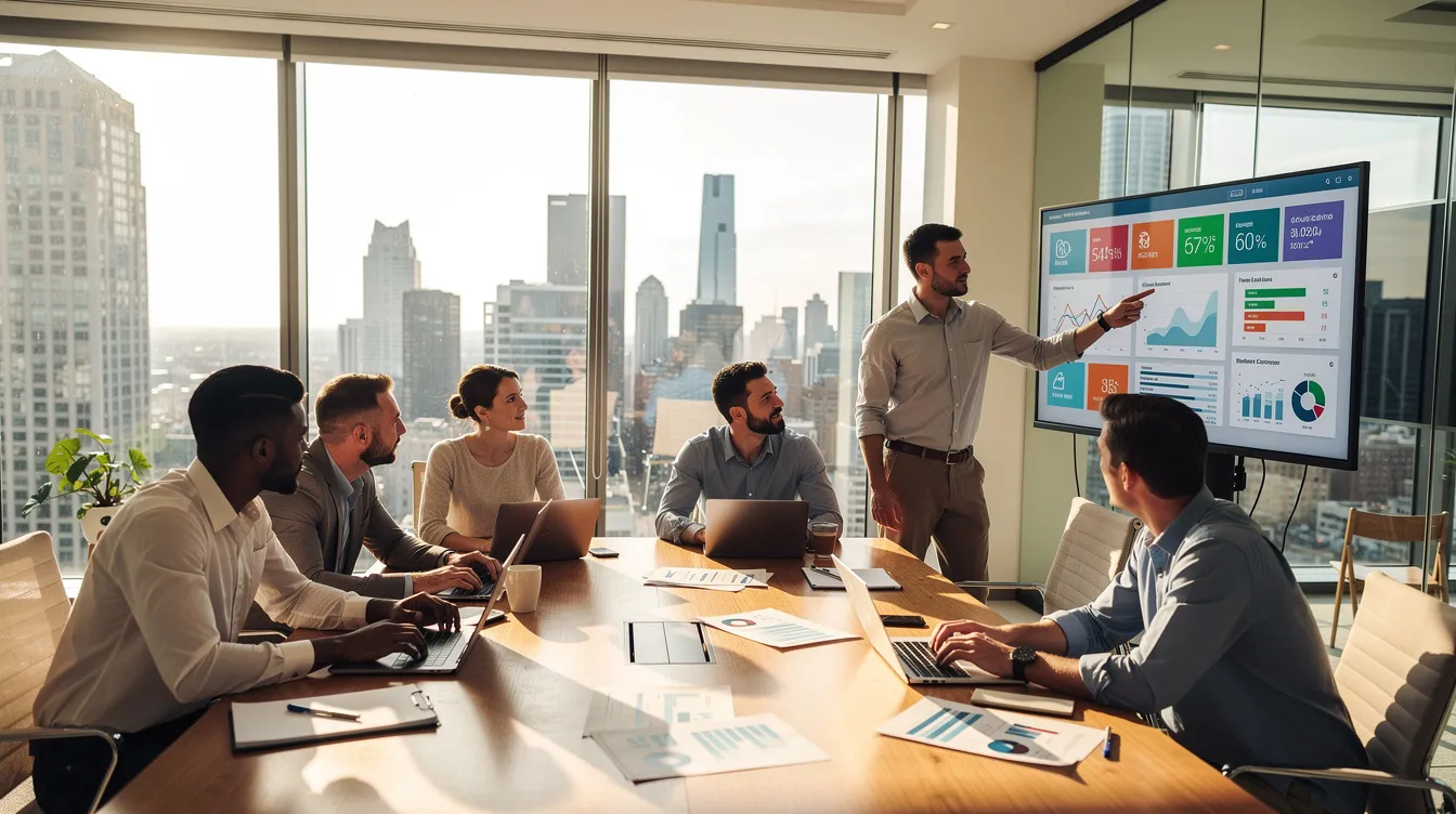 A diverse business team is collaborating in a modern meeting room, discussing strategies to boost brand awareness on social media platforms, including their business Twitter account. The atmosphere is dynamic, with team members engaging in conversation and sharing valuable insights to enhance their social media strategy.