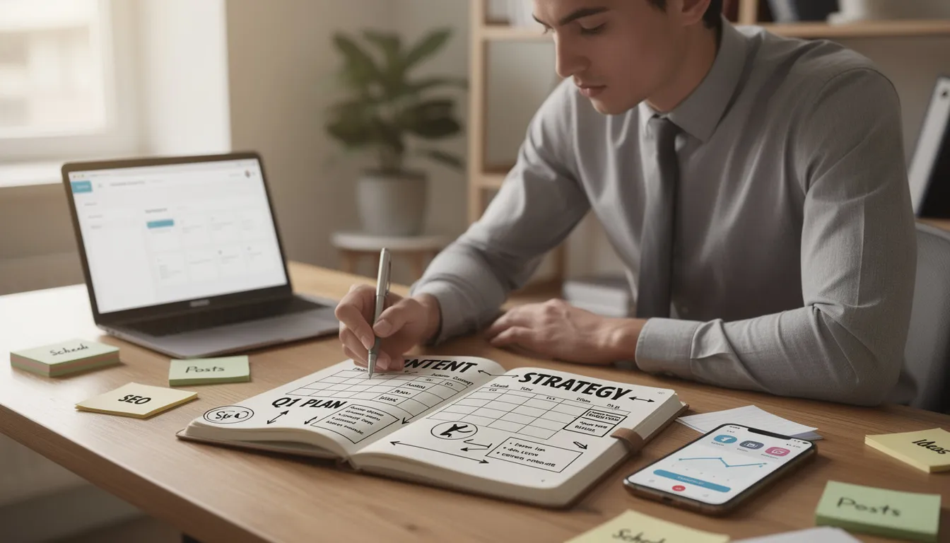 A person is sitting at a desk, focused on planning a content strategy, with a notebook and phone in front of them. They are likely analyzing data and considering ways to engage their audience on platforms like Twitter, using insights on tweets, interactions, and followers to guide their approach.