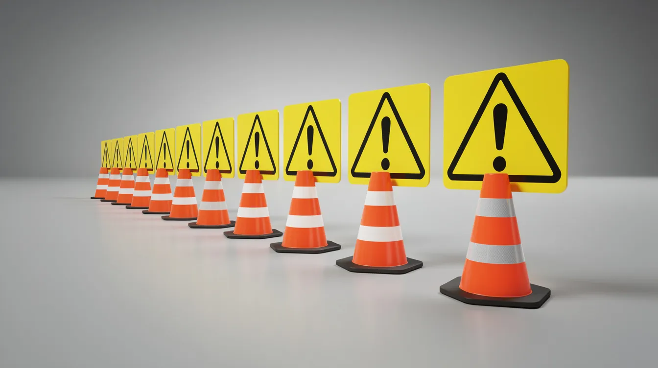 The image features a row of yellow warning signs and orange traffic cones, indicating caution and potential hazards in an area. This visual representation serves as a reminder for users to stay alert and navigate safely through the environment.