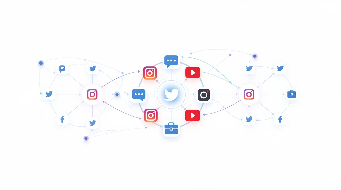 The image depicts a network of interconnected social media icons, symbolizing a multi-account strategy for online businesses. This visual representation highlights various platforms like Twitter, Instagram, and YouTube, emphasizing the importance of managing multiple social media accounts to engage audiences and expand brand presence.