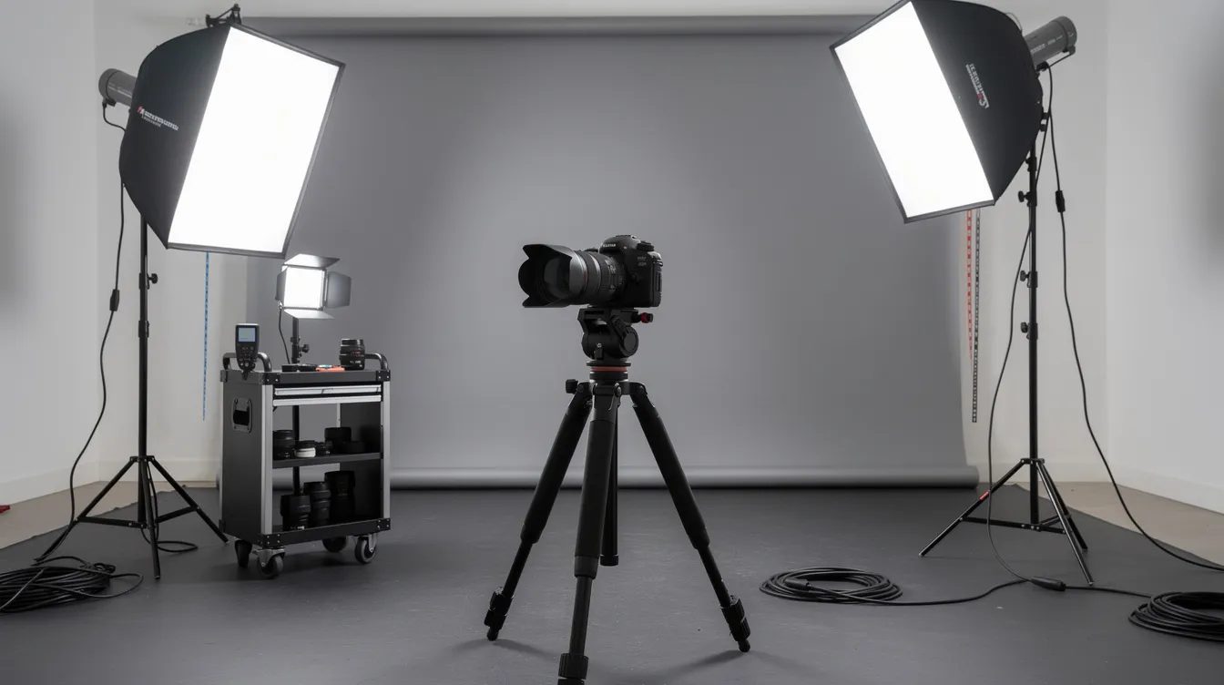 The image shows a professional photography setup featuring a camera mounted on a tripod, surrounded by various lighting equipment designed to enhance the quality of the shoot. This setup is essential for capturing high-quality images, often shared by verified users on social media platforms like Twitter.