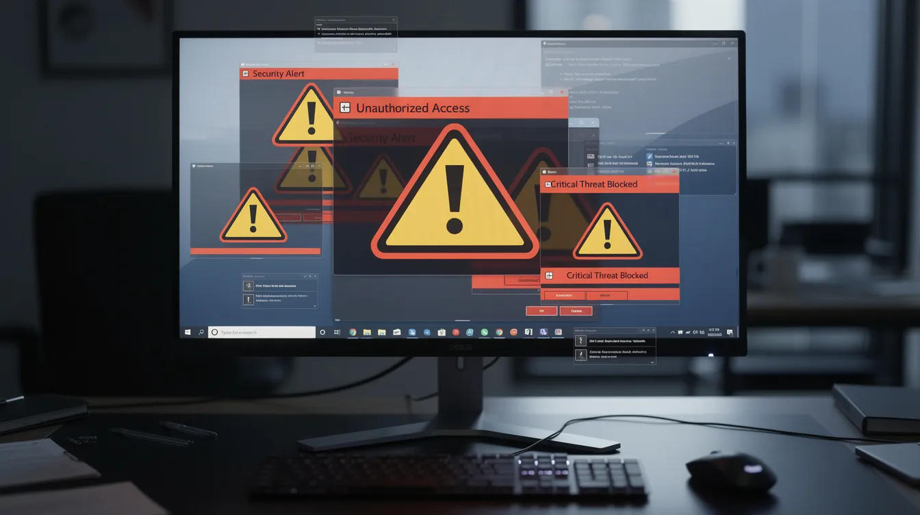 The image depicts a computer screen displaying various warning symbols and security alerts, indicating potential issues with user credentials and account safety. This visual serves as a reminder for users to verify their login credentials and protect their accounts from possible takeovers.
