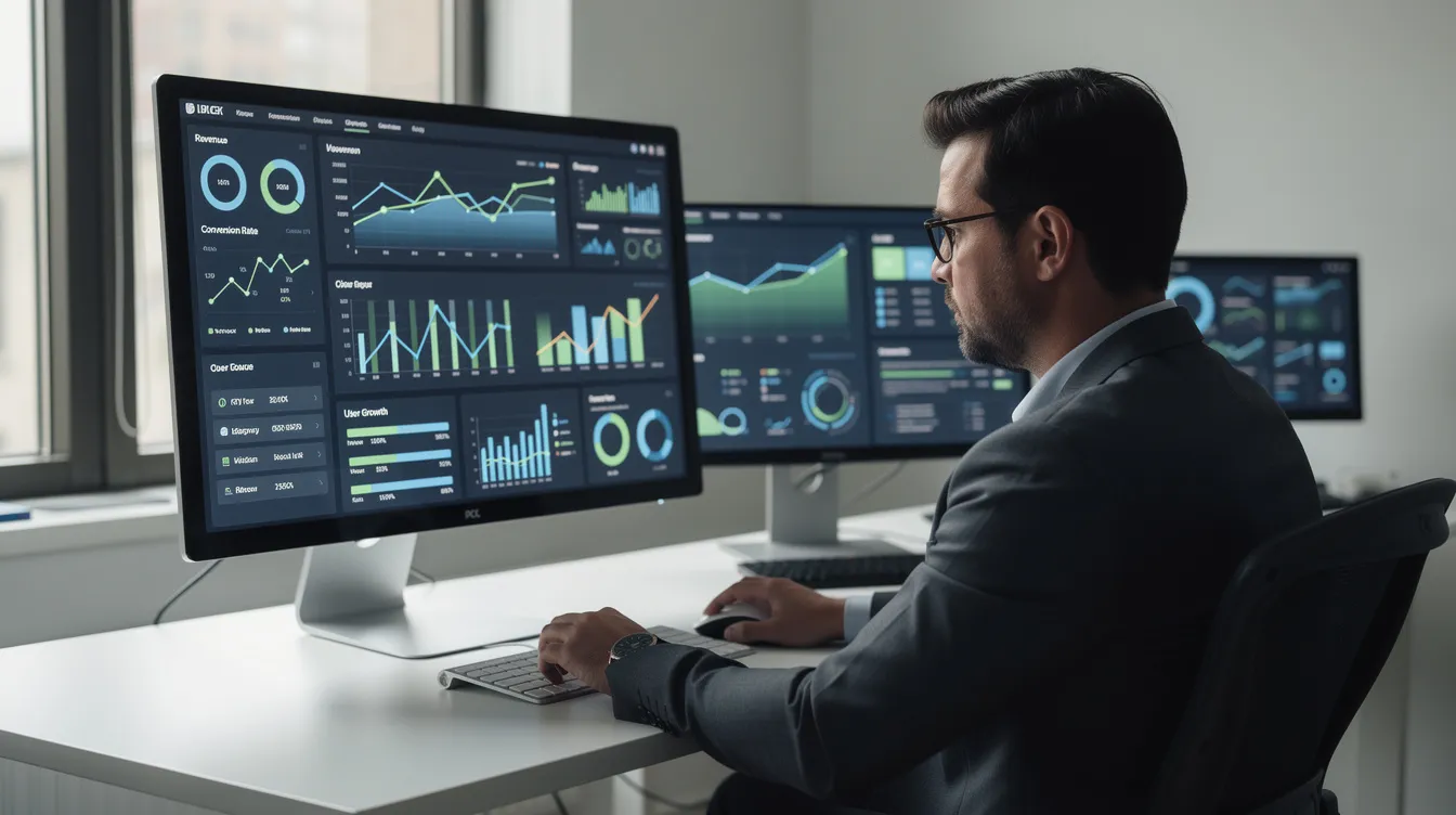 A person is sitting at a desk, intently analyzing various data charts and metrics displayed on their computer screen, which likely includes insights into social media accounts and engagement history. This scene reflects the process of evaluating potential buyers and understanding the value of online businesses across different platforms.